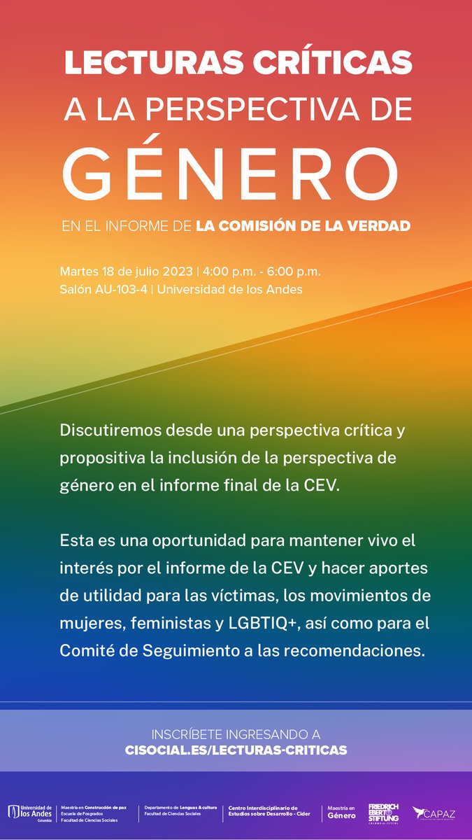 Instituto_CAPAZ's tweet photo. #EventosCAPAZ | El 18 de julio estaremos en @facisouniandes en el evento "Lecturas críticas a la perspectiva de género de la Comisión de la Verdad" que hemos organizado con nuestros colegas de @fundacionFESCOL.
¡No se lo pierdan! ✊🏽🕊🏳️��
Inscripciones: https://t.co/hq1ImR1a8l https://t.co/EN5v0HQ1P7