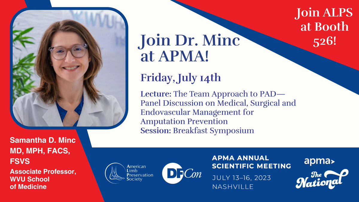 #DFCon23 faculty member <a href="/SamanthaMinc/">Samantha Minc MD MPH</a> will be at this year's American Podiatric Medical Association (<a href="/APMA/">APMA</a>) 2023 Annual Meeting! Join her and other distinguished panel members at the Breakfast Symposium to hear all about the team approach to PAD!
lnkd.in/g6Y7HC9M