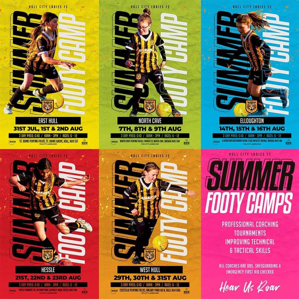 Girls Summer Footy Camps! 

Use code TIGRESSES - to save 10% (Offer ends Friday 14th July!)

5 weeks of fun &amp; football in 5 different locations! 🐯

East Hull, North Cave, Eloughton, Hessle &amp; West Hull! ⚽

Find out more info/book!👇

hullcityladies.com/holiday-camps/

#HearUsRoar