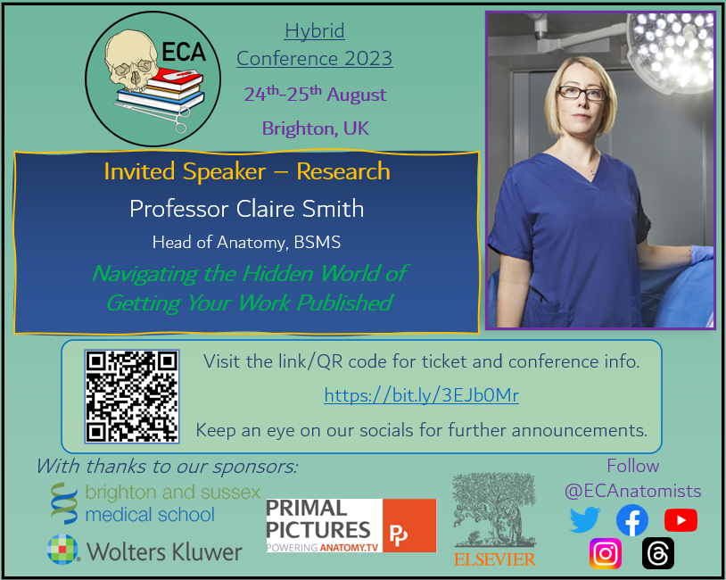 Early Career Anatomists (@ecanatomists) on Twitter photo It's a privilege to announce our first Invited Speaker for #ECA23 Brighton - Professor Claire Smith (<a href="/An040my/">Prof. Claire Smith</a>)
Professor Smith will join us to discuss 'Navigating the Hidden World of Getting Your Work Published' ๐ง
Grab your tickets by 31st July here: bit.ly/3EJb0Mr๐ซ It's a privilege to announce our first Invited Speaker for #ECA23 Brighton - Professor Claire Smith (<a href="/An040my/">Prof. Claire Smith</a>)
Professor Smith will join us to discuss 'Navigating the Hidden World of Getting Your Work Published' ๐ง
Grab your tickets by 31st July here: bit.ly/3EJb0Mr๐ซ