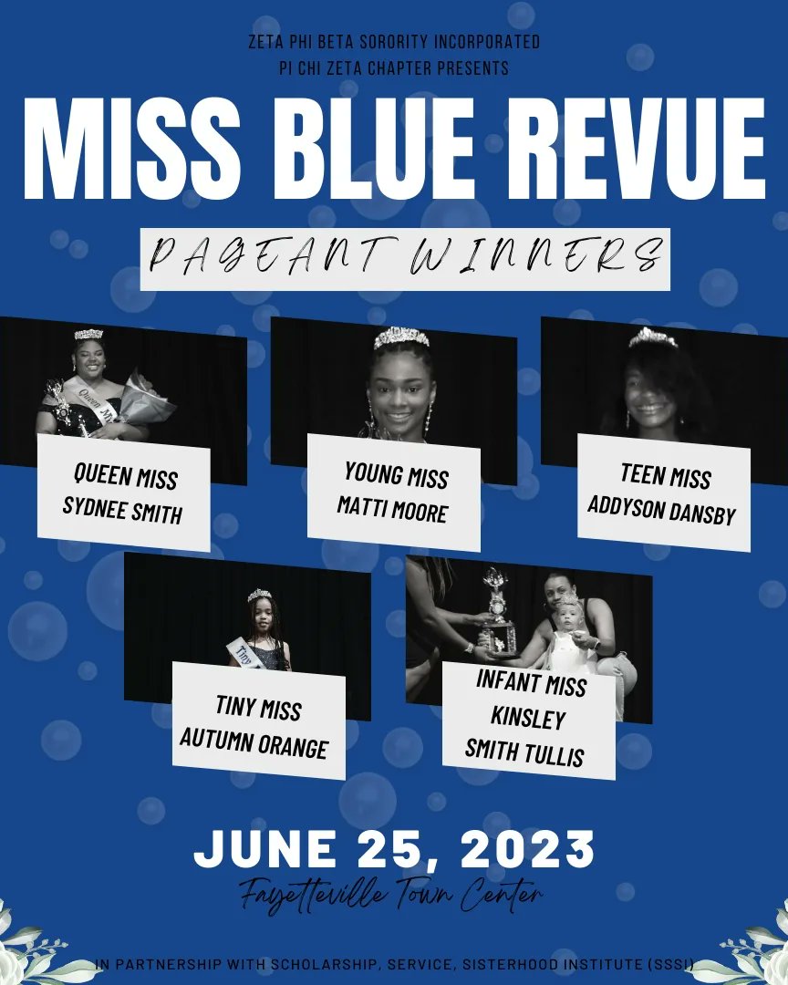PiChiZetaNWA's tweet photo. Zeta Phi Beta Sorority, Incorporated Pi Chi Zeta Chapter is proud to announce the 2023 Miss Blue Revue Pageant Winners! https://t.co/3OeiY1gLbB