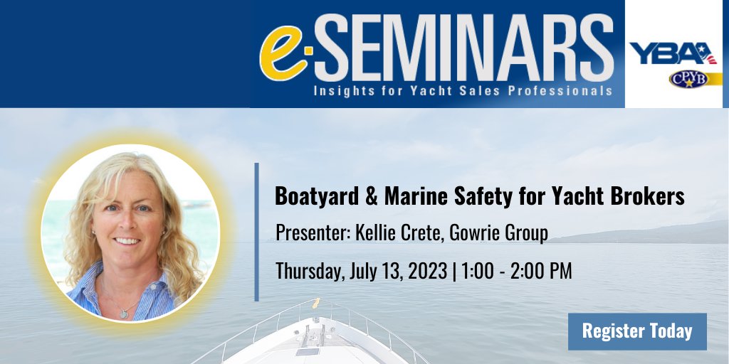 Reminder Webinar Alert 🚨 Kellie Crete will lead an interactive seminar on boatyard and marine safety for yacht brokers. Knowing how to recognize potential hazards are key safety measures that all marine employees and boaters should know! Register: bit.ly/3pk1oDq