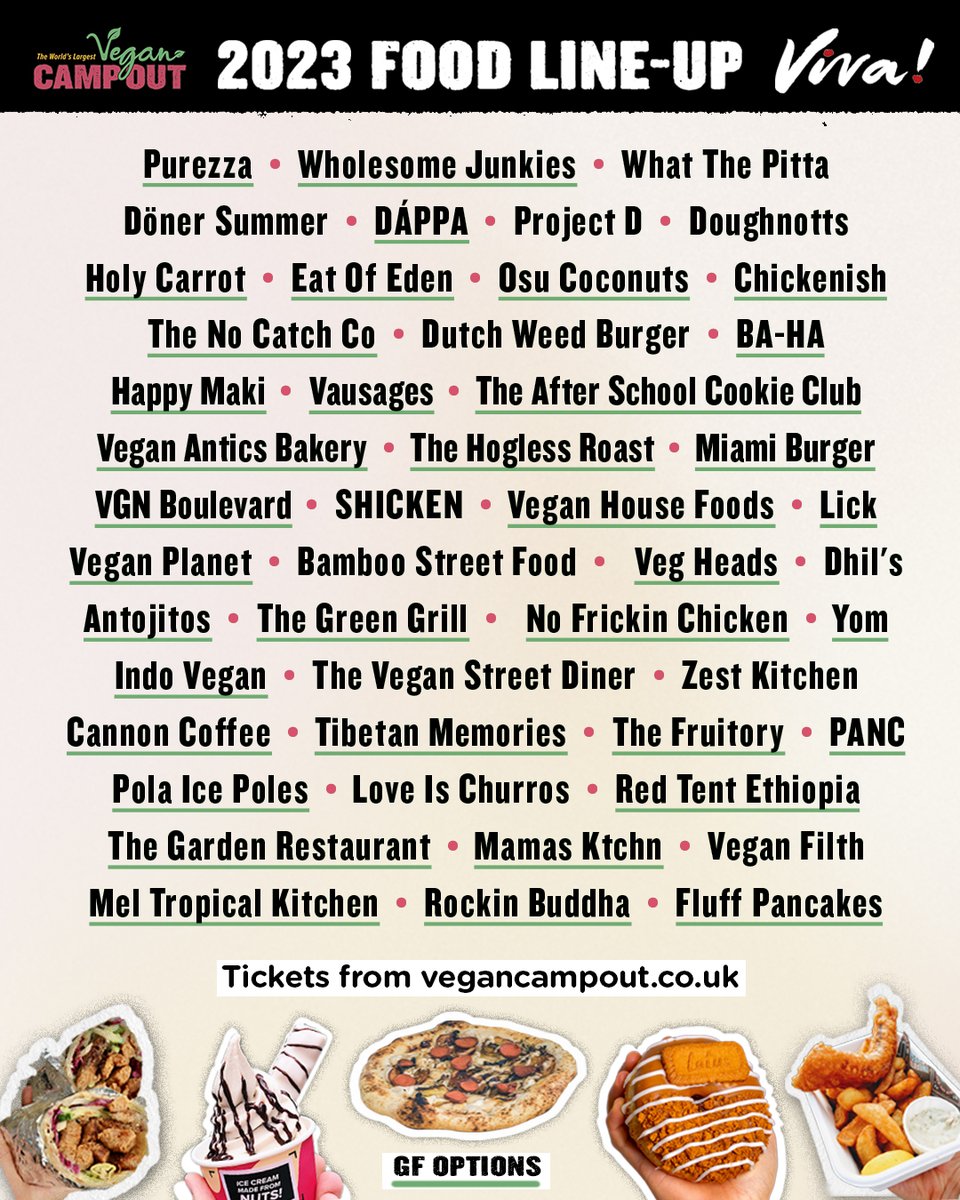 UPDATED FOOD LINE-UP! 🍕 A few vendors sadly had to drop out, however we have replaced them 😍

Tag your friends in the comments below 👇 Let us know who you're most excited to try!
 
 🎫 Weekend/day tickets &amp; tent hire - vegancampouttickets.com

#vegan #vegancampout #veganuk