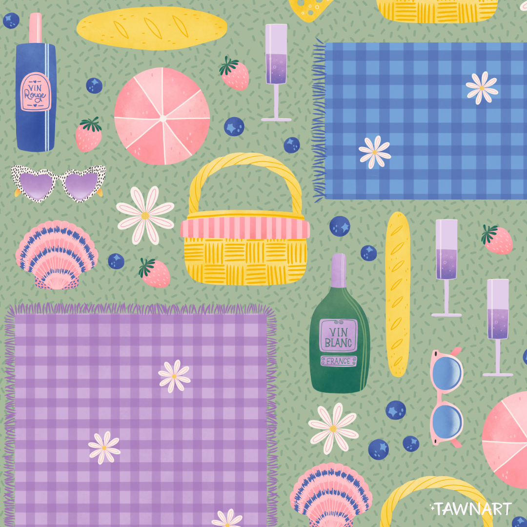 tawn_moore's tweet image. And we&apos;re back to Monday! Let&apos;s pretend that we didn&apos;t have to work today and decided to have a nice classy picnic by the ocean instead. 🍷🌊🌞🪁 What would you rather be doing today? #picnic #patterncollection #ocean #artlicensing #lookingforrepresentation #artlicensingagency