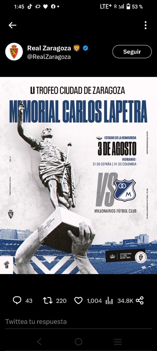 PasionAlbiazulO's tweet photo. Siguen la #NoticiasAzules 
De esta manera el @RealZaragoza confirma un partido amistoso contra @MillosFCoficial el 3 de Agosto en el estadio La Romareda.
Regresa el Campeón del FPC a Europa!!! https://t.co/5xRu3h426R