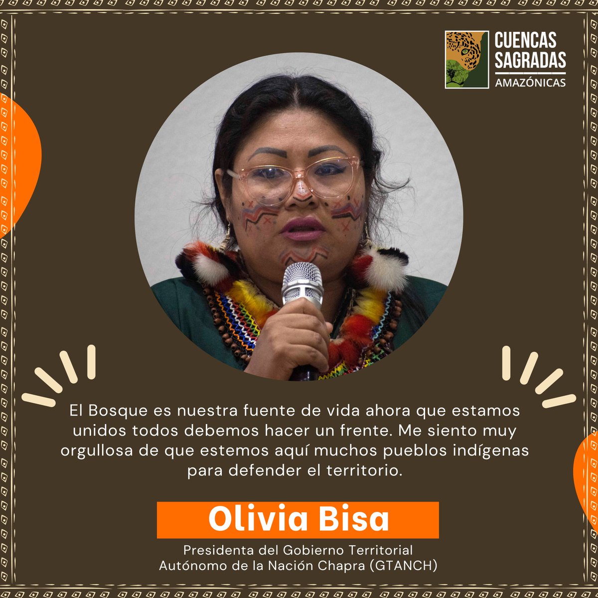 #CuencasSagradas 🌎 #TerritoriosDeVida  🌿

Compartimos una frase de Olivia Bisa, Presidenta del Gobierno Autónomo Territorial de la Nación Chapra (GTANCH), que es parte de la Alianza Cuencas Sagradas, sobre la importancia de caminar en unidad para la defensa de la Amazonía.💪