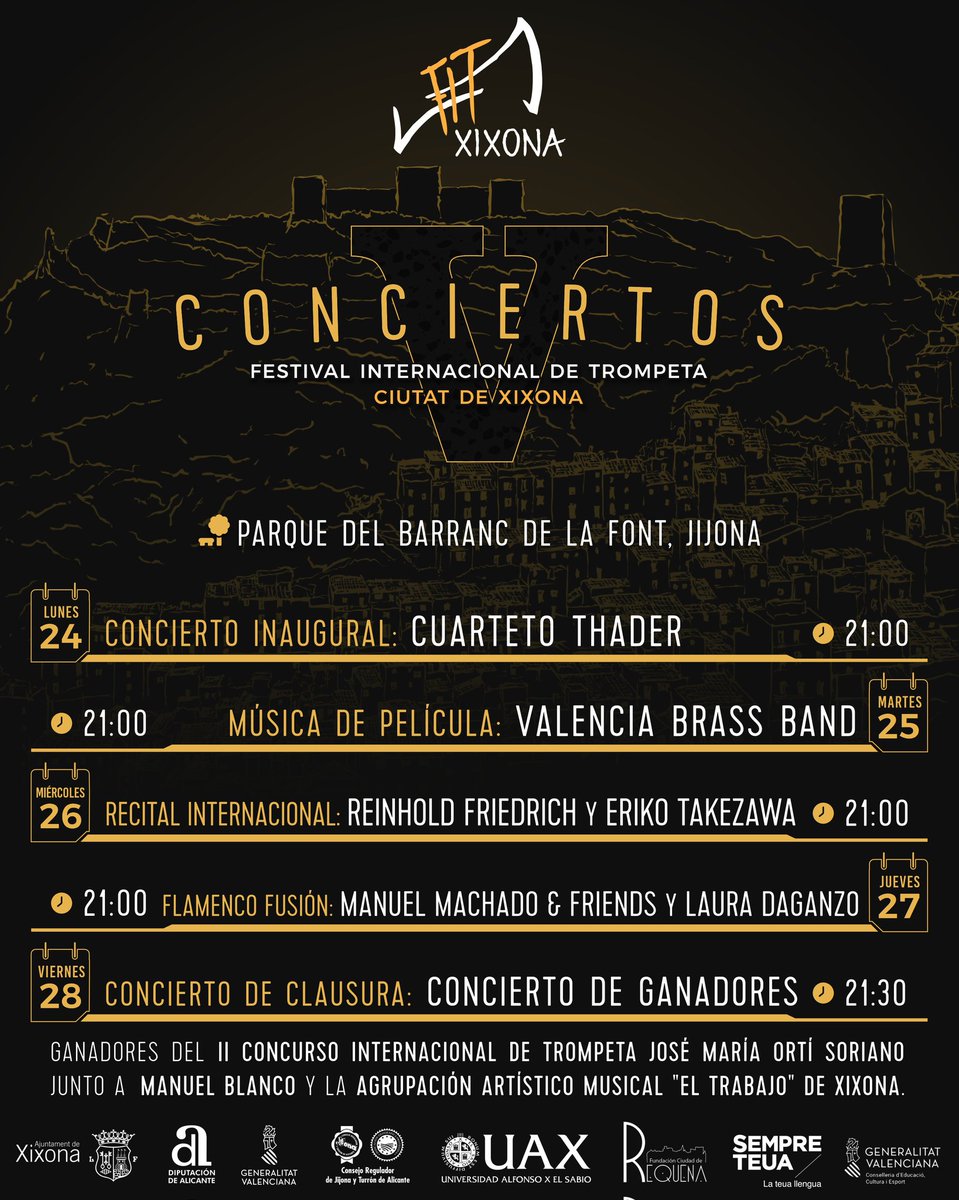 FXixona's tweet photo. Buenas tardes a todos. 

Os presentamos los que serán los conciertos nocturnos gratuitos de nuestro Festival. 

Un cartel de lujo para la V edición que tenemos por delante. 

Bienvenidos al V Festival Internacional de Trompeta Ciutat de Xixona.

Os esperamos. https://t.co/QEW7jhkAVC