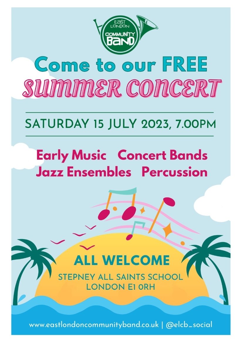elcb_social's tweet photo. 🎺🎷This Saturday at 7pm is our fabulous Summer Concert! 🥁🎶🪈
Free to attend, with refreshments and wonderful music, what more could you want?! #togetherinmusic https://t.co/hsp5lc98Di