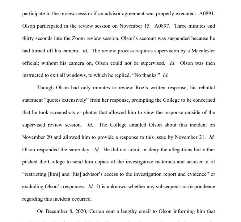 TitleIXforAll's tweet photo. Accused student at @Macalester had "only minutes" to review accuser's statements presented via Zoom. He turned off his camera, so the school booted him from the call. He apparently screenshotted the statements so he could respond in detail - which Macalester didn't like. https://t.co/Yhi4zHQD3q