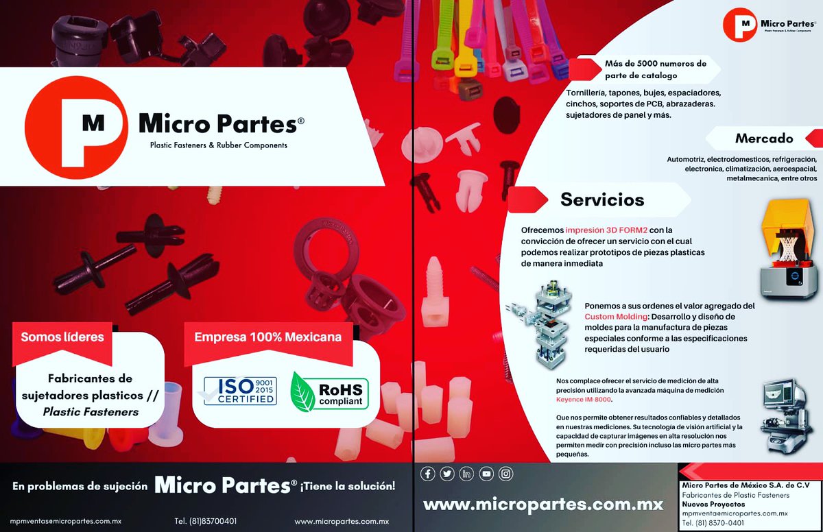 MicroPartes's tweet image. Te compartimos nuestros alcances de productos y servicios!! 

En temas de sujeción, Micro Partes tiene la solución!

Excelente Inicio de Semana!! 

#PlasticFasteners #Fasteners #Rubber #Components #Industria #Automotriz #Electrodomesticos #Electronica #mexico #hechoenmexico