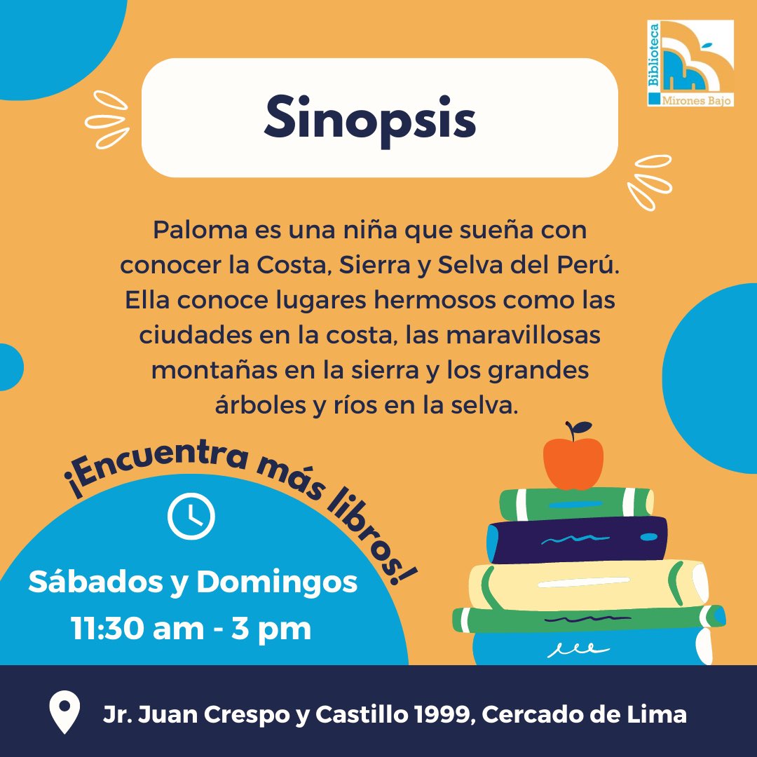 BFAL_org's tweet photo. #BibliotecaMBRecomienda 🏔️🦙
🔎 Hoy te recomendamos leer "Las aventuras de Paloma por el Perú", de Yenny Delgado. Conoce la historia de Paloma, una niña que sueña con conocer la Costa, Sierra y Selva del Perú. 

#BibliotecaMironesBajo #ComunidadSNB #ComunidadBNP #LimaLee https://t.co/G7BhvTB4MO