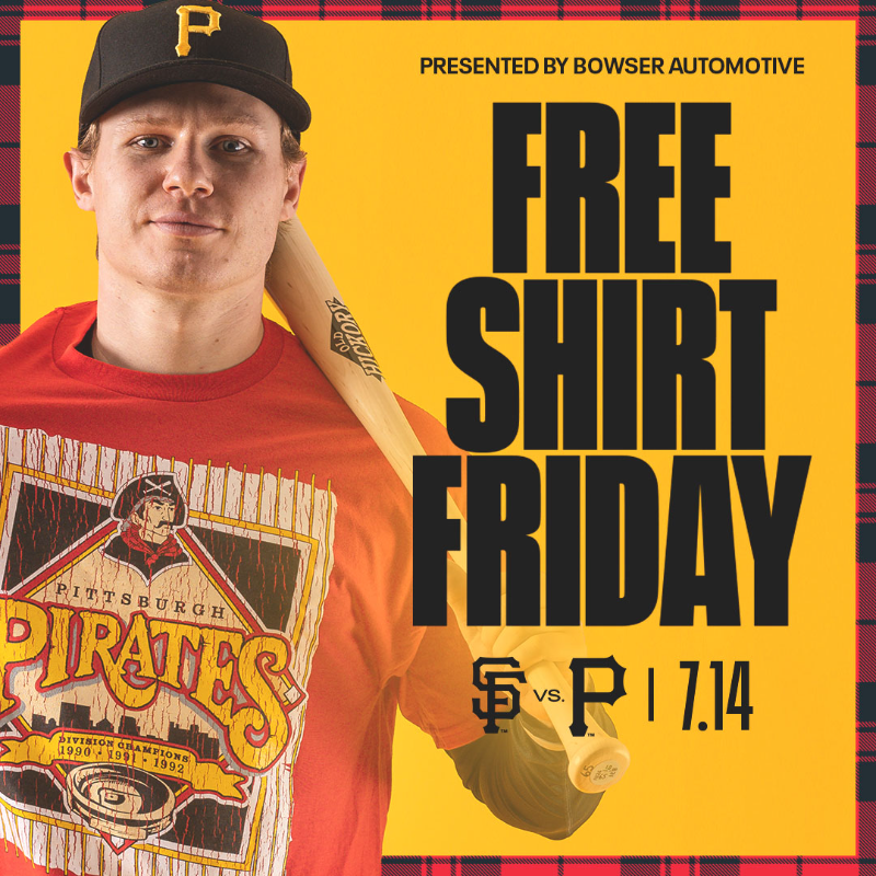 Pirates's tweet photo. All that and a FREE T-Shirt!

Join us for 90's Night and Flashback Free Shirt Friday.