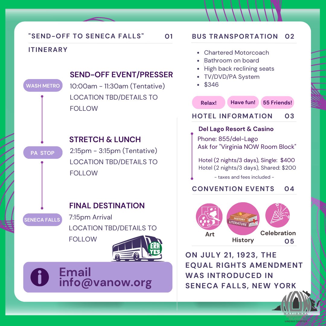 VANOWChapter's tweet photo. @LWV @LWVFairfax @Justice_Revival @Senatorspearman @GOP_4_ERA @AAUW @NationalNOW @LWVMD @ProChoiceMD @timkaine 3/3 🎉It’s ERA’s 100th 🎉 bday‼️ Here are some details for the “Send Off to Seneca Falls” ERA Centennial Bus Tour. Get in touch if you’d like to join the party! It’s more important than ever to unify and lift our voices for #equalrights &amp; #abortion! It’s time for the #ERANow! https://t.co/MUjkiDZ1re