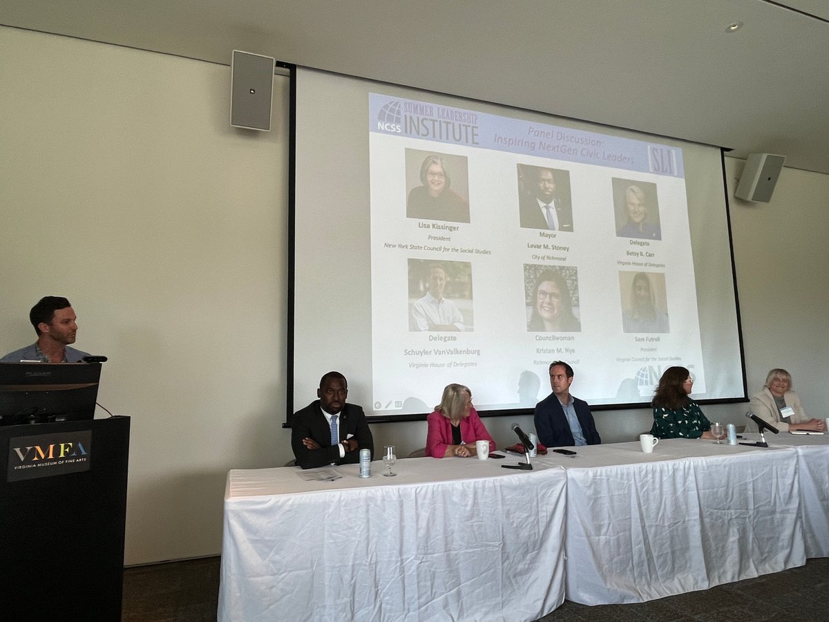 NCSSNetwork's tweet photo. 🔆SLI Day 1: Afternoon

Session 1: Inspiring NextGen Civic Leaders 
Panel facilitated by #NYSCSS President Lisa Kissinger 
Featuring Richmond Mayor @LevarStoney, #VA delegates @DelBetsyCarr @ScVanValkenburg, #rvacouncil member @kristenrva, #VCSS President @sam_futrell1 https://t.co/u7lOs6cnz4