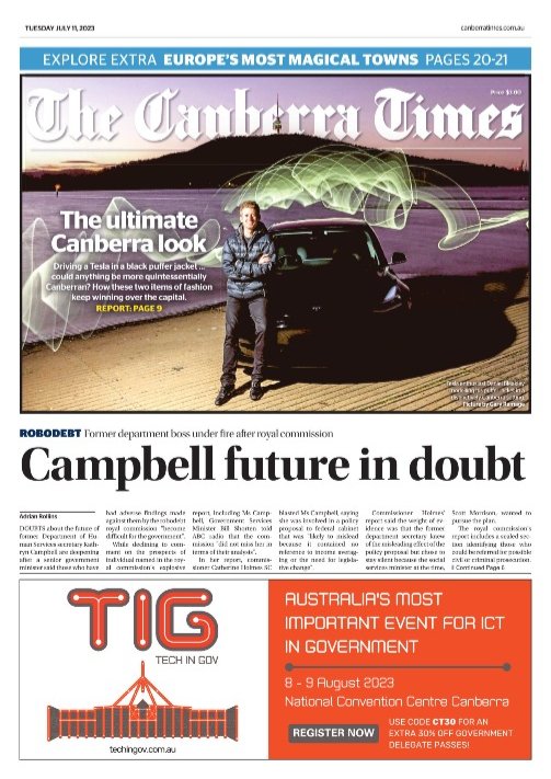 Good morning, Canberra. After a frosty start, we're in for a mostly sunny day with a top of 15 degrees. Here's today's front page, via <a href="/RollinsA/">Adrian Rollins</a>. Keep up with the latest: canberratimes.com.au/subscribe