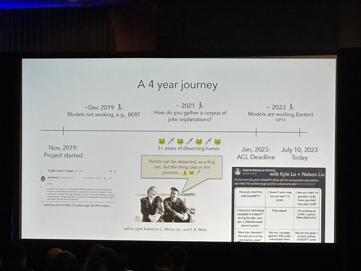 Inspirational words from @jmhessel in his #ACL2023NLP best paper talk:

'If you're a PhD student working on a long-term project that you're excited about but still isn't coming together, keep it up...I want to read your paper!'

Slide shows the '4 year journey' from idea to award