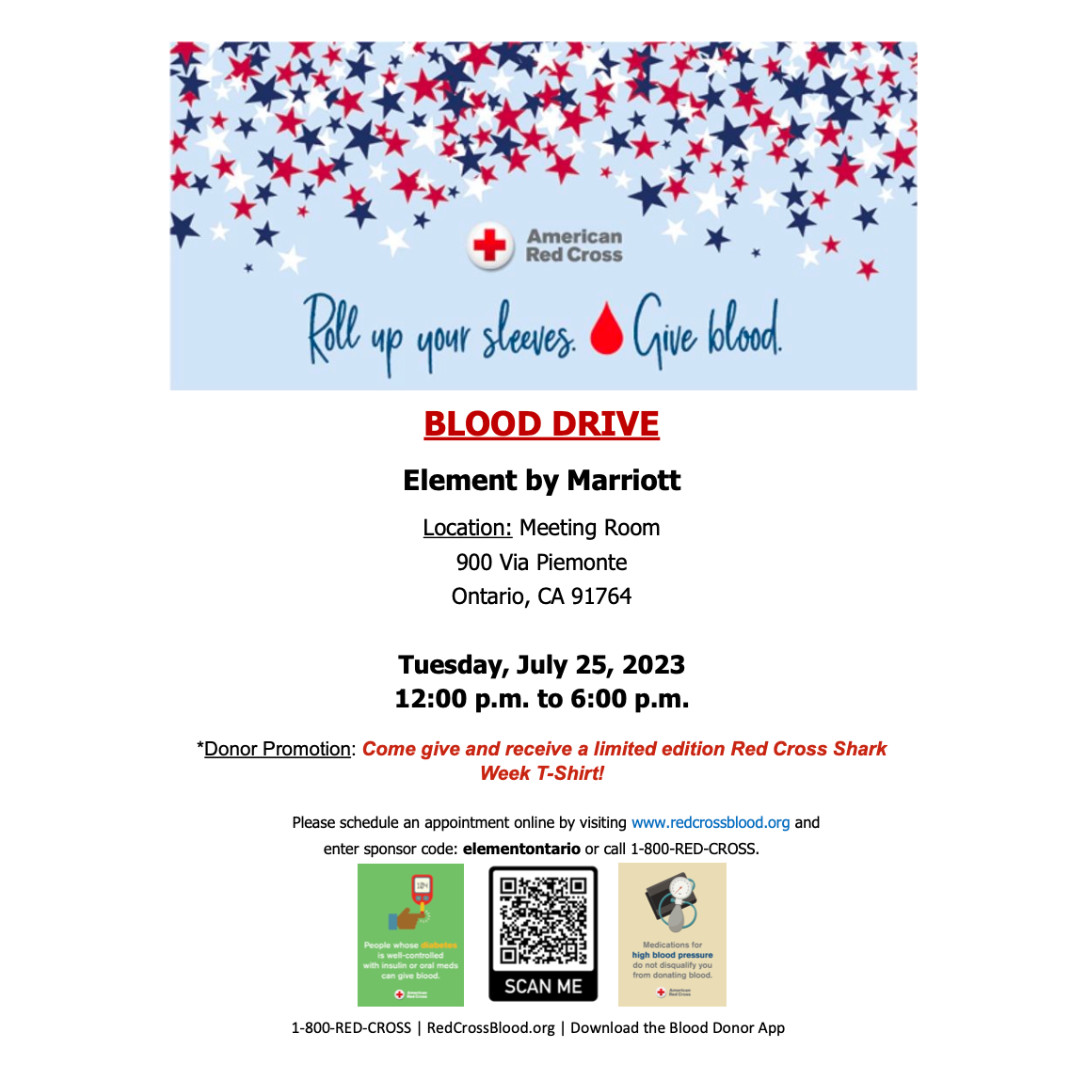 ElementOntario's tweet photo. Support a great cause right here at our hotel! On Tuesday, July 25th, you can roll up your sleeves and donate blood to the American Red Cross. https://t.co/adhfNnD9Af