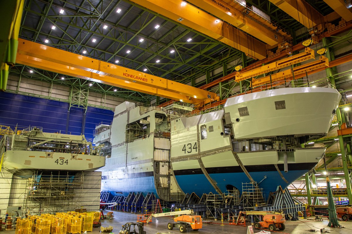 IrvingShipbuild's tweet photo. The final block of AOPS #5 has been lifted and placed on the Bow mega block. All three mega blocks of the future HMCS Frédérick Rolette are now in the Module Hall and will roll onto land level together next month. https://t.co/9YwiQa0CYp