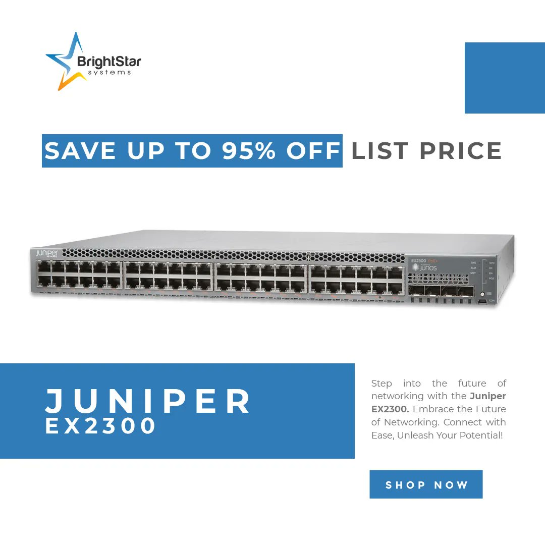 BrightStar_USA's tweet photo. Experience the power of simplicity and scalability with the Juniper EX2300. Elevate your network to new heights! 🚀✨
#BrightStarSystems #JuniperEX2300 #NetworkSwitches #NetworkInfrastructure #TechSolutions #BusinessNetworking #ITInfrastructure #ScalableNetwork https://t.co/QzHa7i89h6