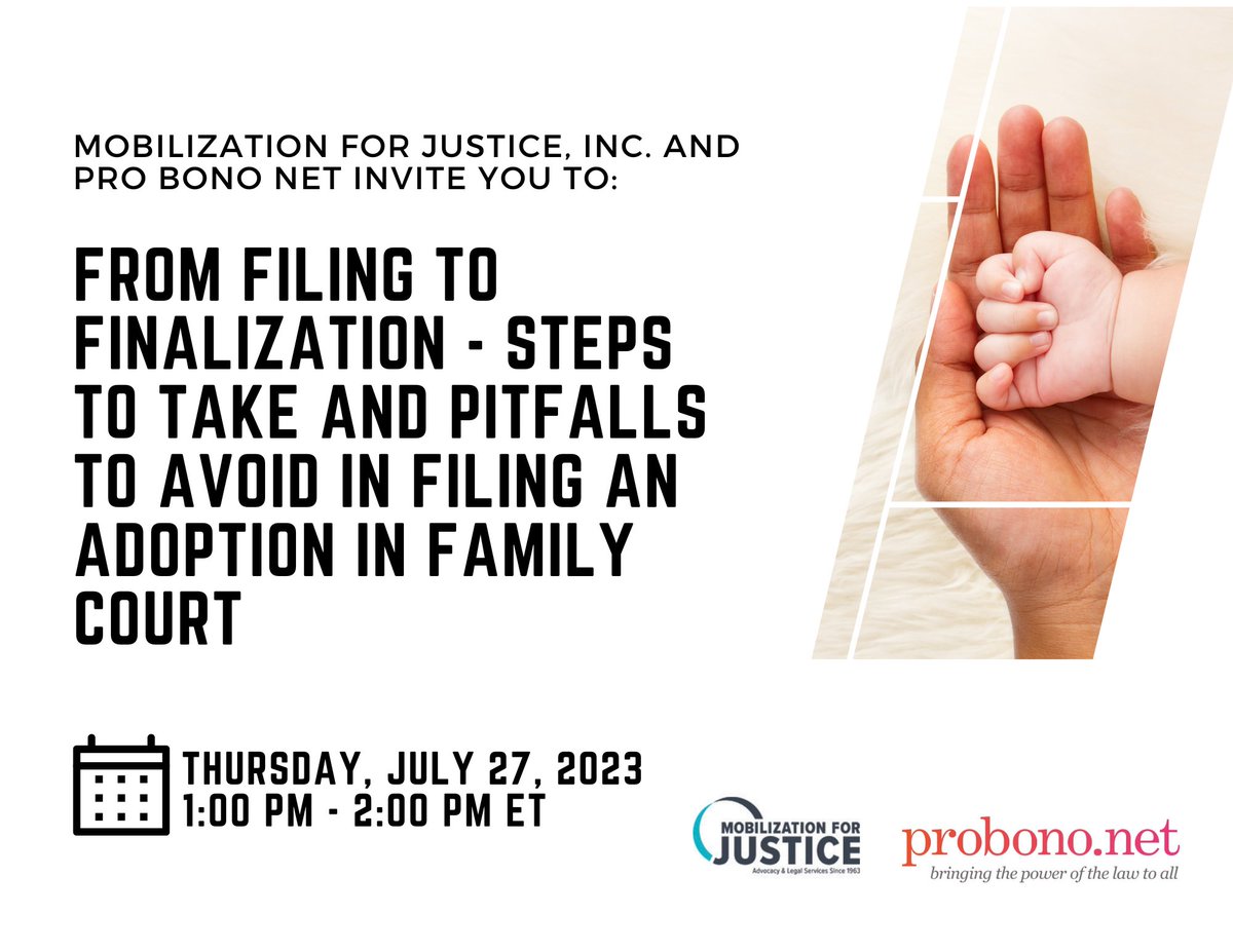 LawHelpNY (@lawhelpny) on Twitter photo Join us on July 27th at 1 PM EST for a free webinar co-hosted by <a href="/probono/">Pro Bono Net</a> and <a href="/MFJLegal/">Mobilization for Justice</a>. The panel will provide an overview and guidance on how to file an adoption in New York Family Courts. This panel is for lawyers and legal advocates.
Register here: bit.ly/3O6a1Lf Join us on July 27th at 1 PM EST for a free webinar co-hosted by <a href="/probono/">Pro Bono Net</a> and <a href="/MFJLegal/">Mobilization for Justice</a>. The panel will provide an overview and guidance on how to file an adoption in New York Family Courts. This panel is for lawyers and legal advocates.
Register here: bit.ly/3O6a1Lf