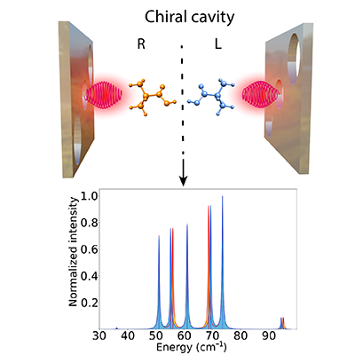 APSphysics's tweet photo. Strongly coupling chiral molecules to circularly polarized light in an optical cavity give their mirror-image forms different energies, suggesting a viable way to differentiate between them. Read more in #PRX: https://t.co/f0bymD6vXO. #PRXamo https://t.co/69YZAJ5VbK