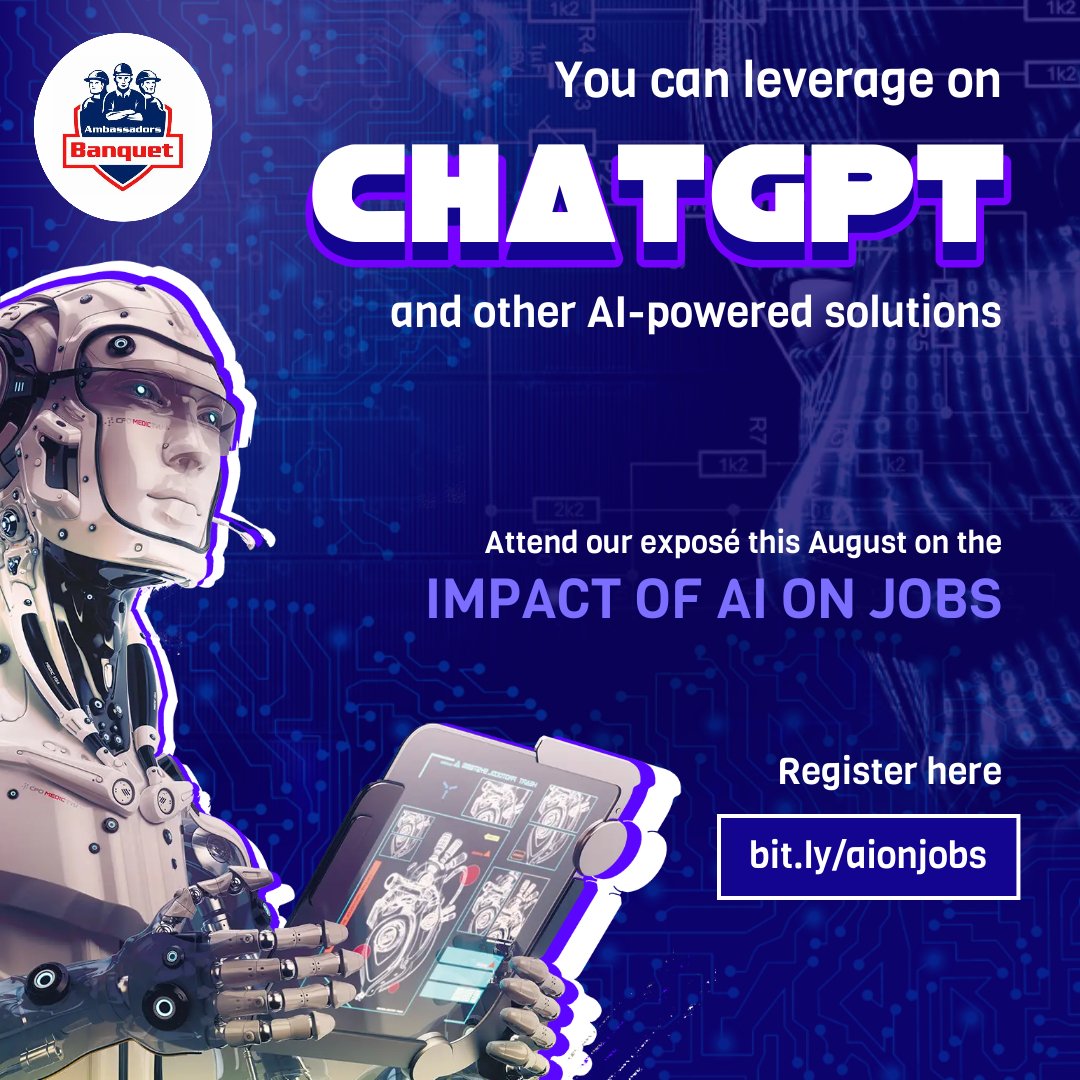 dambassadorsckc's tweet photo. 📢 Exciting news! 🤖💡 Discover the incredible impact of AI on jobs! 🚀 Join us at our exclusive expo this August and explore the future of employment. 

📅🌐 Don't miss out on this eye-opening event! 🌟 Send a DM for registration and be part of the conversation! #AI #JobImpact https://t.co/NsMA5IH7kc