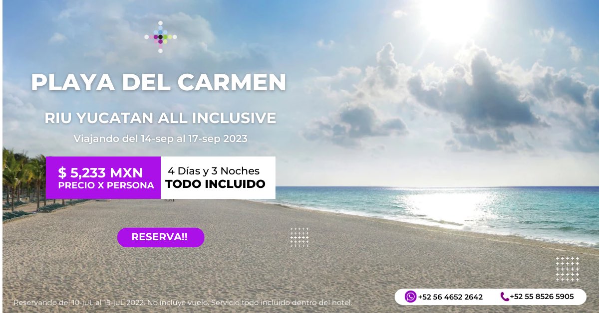 volarismx's tweet photo. 🌟Hotel RIU Yucatán  Playa del Carnen en $5,233  por adulto 💜 en una estancia todo incluido de 4 días y 2 noches  viajando en el mes de 01-sept al 31-Oct-23

👉Informe+52 56 4652 2642
Call Center +52 (55) 8526 5905

👎Restricciones:
Reserva entre el 10-Jul al 15-Jul-23. https://t.co/A3twMW1xct