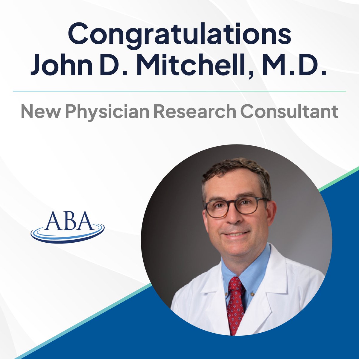 AbaPhysicians's tweet photo. Congratulations to John D. Mitchell, M.D., on becoming the ABA's new Physician Research Consultant. Dr. Mitchell will support the design and implementation of ABA research projects in this new position. https://t.co/fsLTCxfjKr 

#theaba #anesthesiology #research https://t.co/D7qZpobmh4
