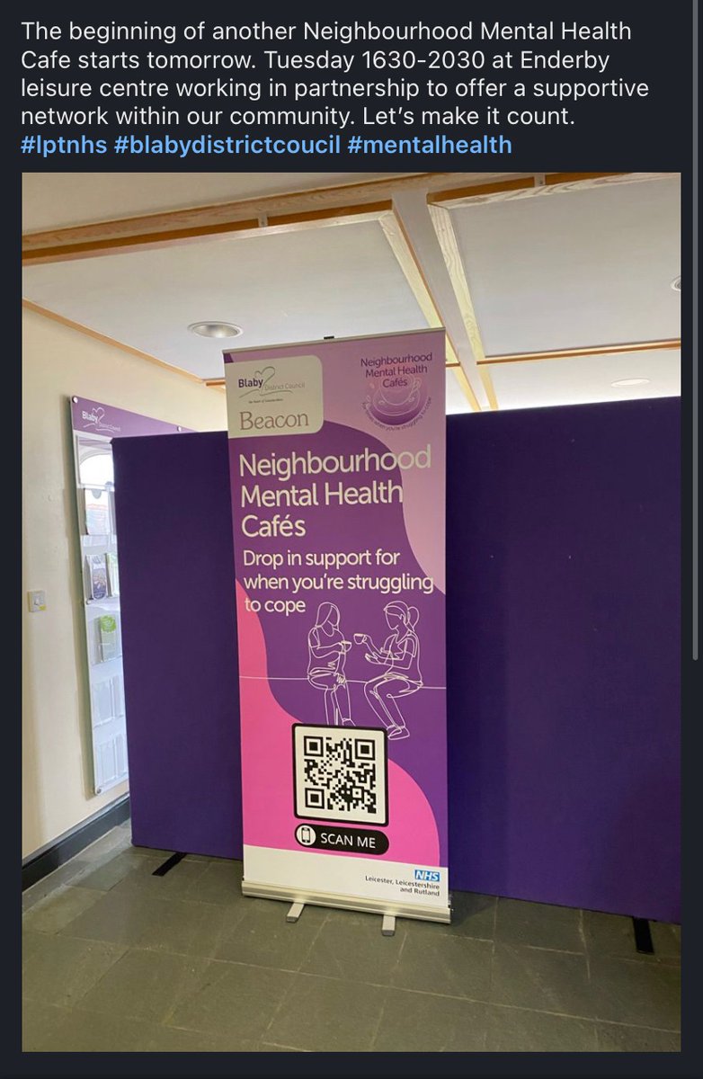 Tomorrow we see the start of the Neighbourhood Mental Health Cafe in Enderby. 
Every Tuesday 1630-2030 @ Enderby leisure centre. Good to know e are strengthening our communities.