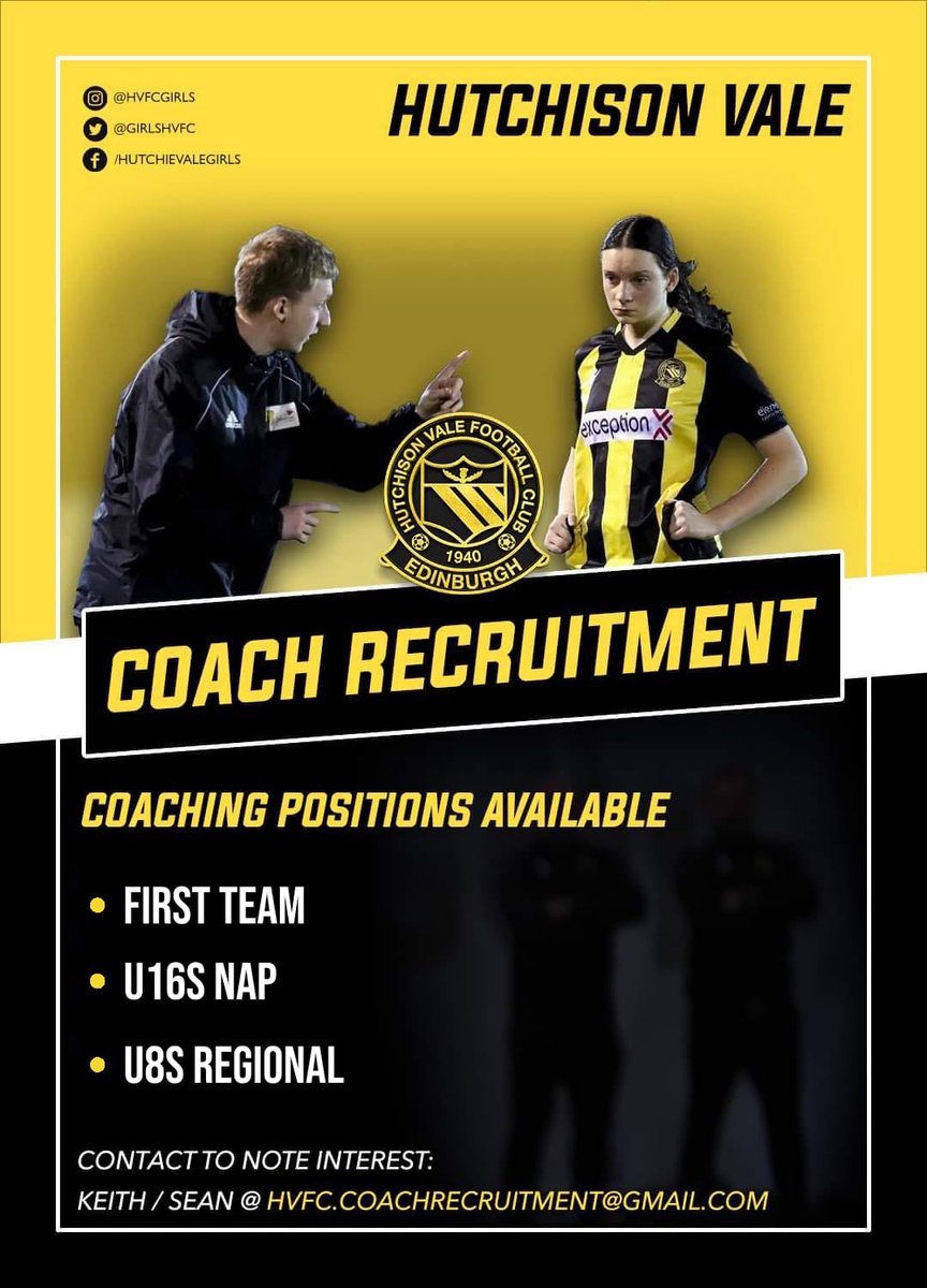 🗣️𝐂𝐨𝐚𝐜𝐡 𝐑𝐞𝐜𝐫𝐮𝐢𝐭𝐦𝐞𝐧𝐭

Coaching opportunities with our SWF Championship First Team &amp; Youth teams. 

Contact for more info and/or to note interest via email: 

𝐡𝐯𝐟𝐜.𝐜𝐨𝐚𝐜𝐡𝐫𝐞𝐜𝐫𝐮𝐢𝐭𝐦𝐞𝐧𝐭@𝐠𝐦𝐚𝐢𝐥.𝐜𝐨𝐦

#Hutchie🟡⚫️ #recruitment #coaches