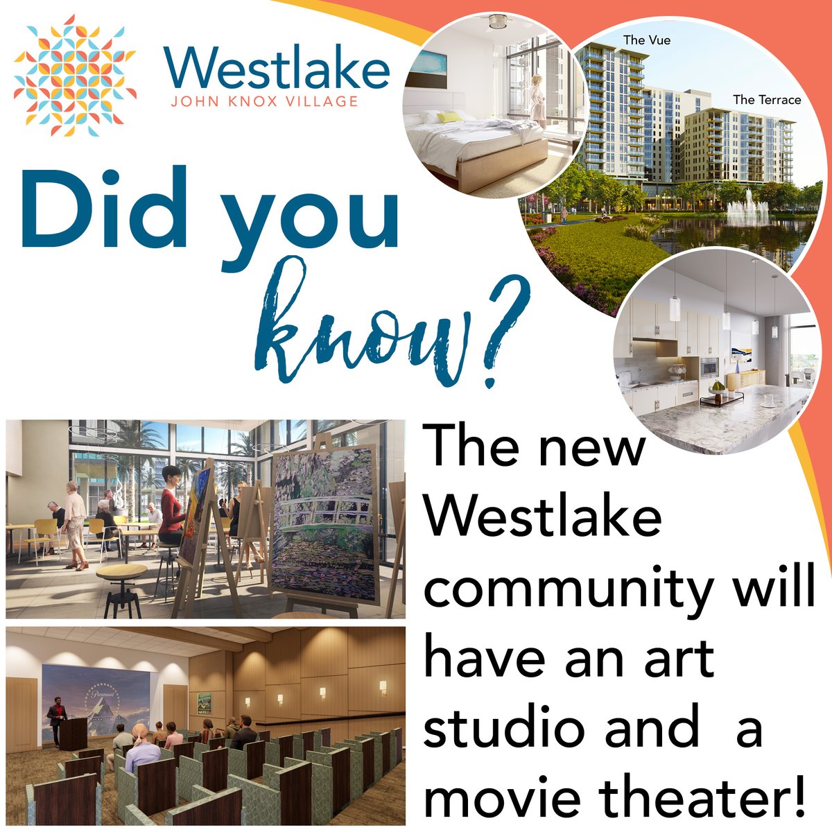 In addition to 147 brand new bright, sunny apartment homes, did you know that Westlake at JKV will also feature new dining venues, an art studio, and a movie theater? Call us! 954-932-2886.  #johnknoxvillageofflorida #seniorlivingcommunity #lifeplancommunity #ccrc #westlakeatjkv