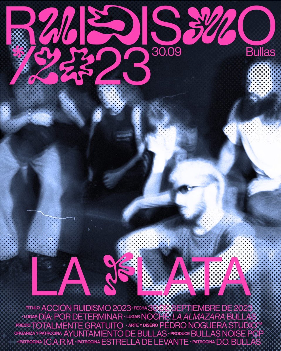 #LaPlata - #Ruidismo2023
Bullas, sábado 30 de septiembre.

Organiza y patrocina: <a href="/aytoBullas/">Ayuntamiento Bullas</a> 
Pruduce: #bullasnoisepop
Otros patrocinadores: #ica, <a href="/estrellalevante/">Estrella de Levante</a> y <a href="/DOP_Bullas/">BULLAS D.O.P</a> #dobullas

Arte y diseño: <a href="/_drpetrus/">Pedro  Noguera</a> 

#Ruidismo #Bullas #Música #Vanguardia #Gastronomía #Arte