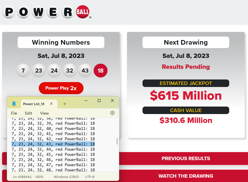 Since July 3rd, this program has not failed to output the winning numbers for the Powerball jackpot. Use the link below to download the winning numbers for tonight's $675 Million drawing.

https://t.co/ClgUP4v7Ib https://t.co/FYACDqZoSD