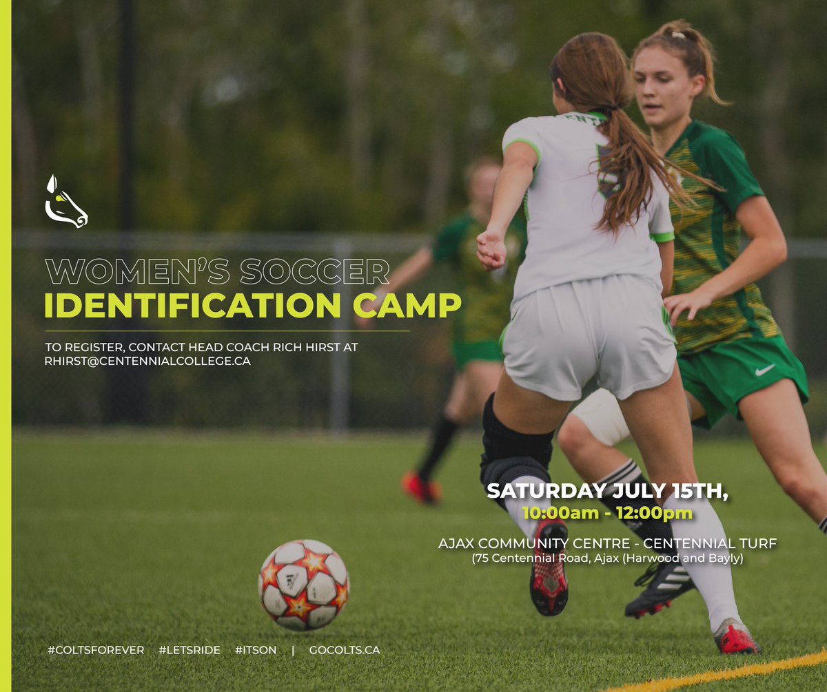 CentennialCOLTS's tweet photo. Coach @RichHirst1 is always recruiting, and he’s hosting an ID Camp this weekend. 🐎
Open to graduating classes of 2023, 2024, 2025.
If you wish to register, email coach Rich at Rhirst@centennialcollege.ca
#ColtsForever #LetsRide #varsity #collegesoccer #idsession https://t.co/Q885XB1Seg