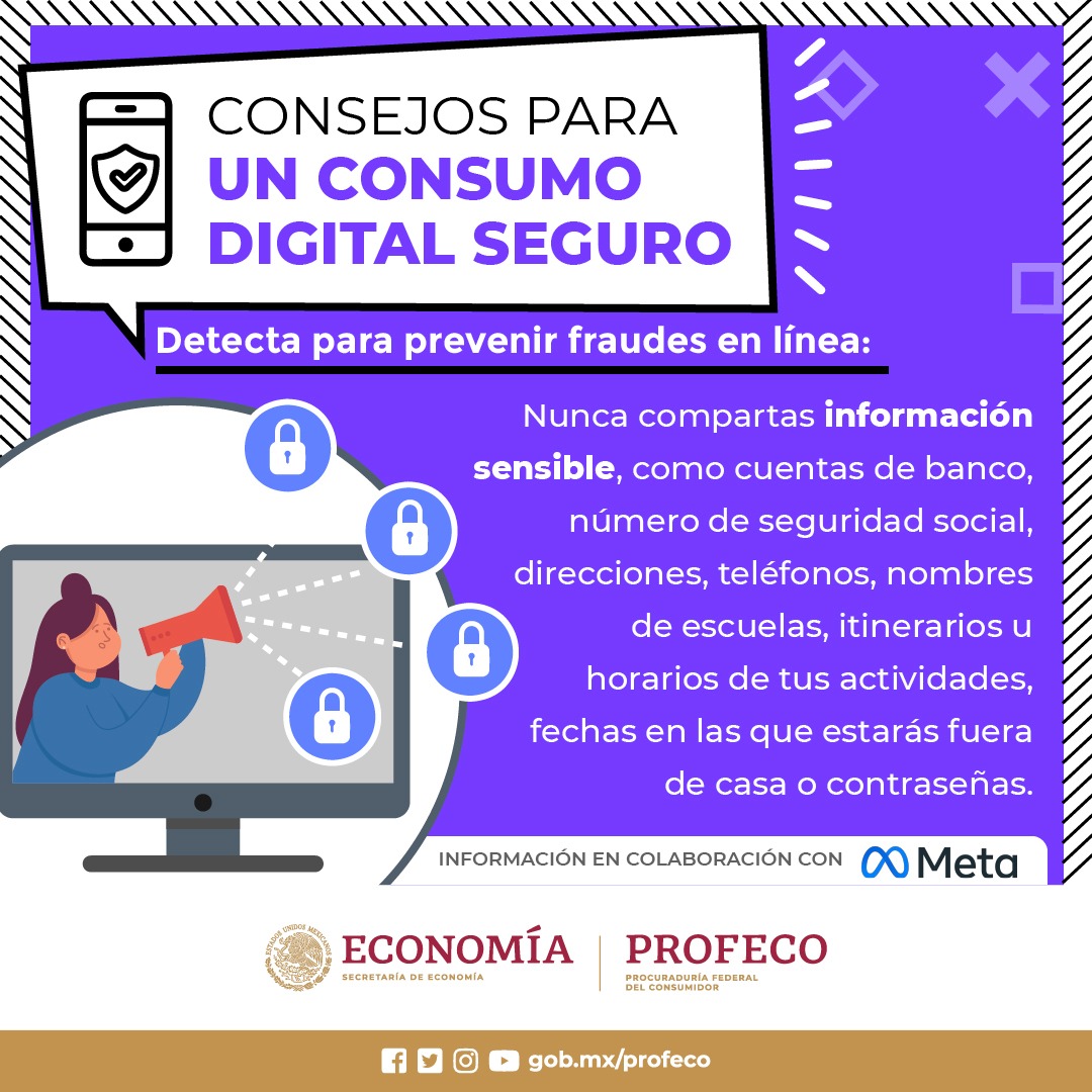 Profeco's tweet photo. 👨💻#Consumidor realiza un consumo razonado e informado para evitar fraudes y extorsiones a través de las redes sociales.
✔️Sigue nuestros #TipsProfeco para un #ConsumoDigital seguro. 🔒💻 https://t.co/0zUQhWFFdg