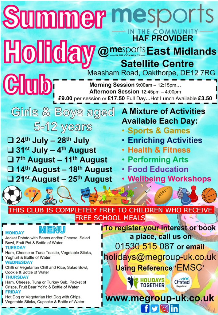 🛟OAKTHORPE SUMMER HOLIDAY CLUB🛟

Join our Summer Holiday Club…Everyone Welcome! 😁

✨HAF FUNDED SPACES AVAILABLE!✨

Book NOW to make sure you don’t miss out…01530 515 087 or holidays@megroup-uk.co.uk 

#sports #holidayclubs #holidayfun #performingarts #games