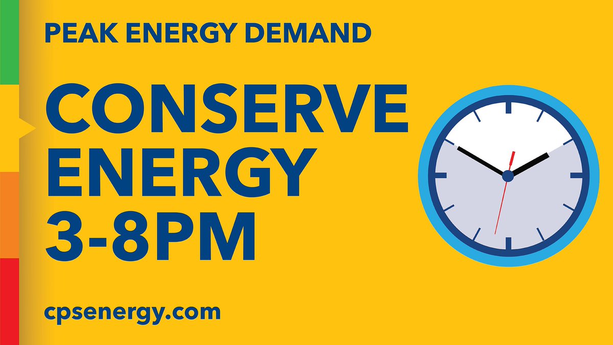 cpsenergy's tweet photo. Today (7/10) is a Yellow Day! #BeatTheHeat by conserving more energy between 3-8 PM, such as:

🟡 Adjusting thermostats (health permitting)
🟡 Charge EVs at night (after 10 PM)
🟡 Avoid using large appliances (ex: washer/dryer)

Learn more by visiting https://t.co/iB63Ei6JXV. https://t.co/bu00xbGPOA
