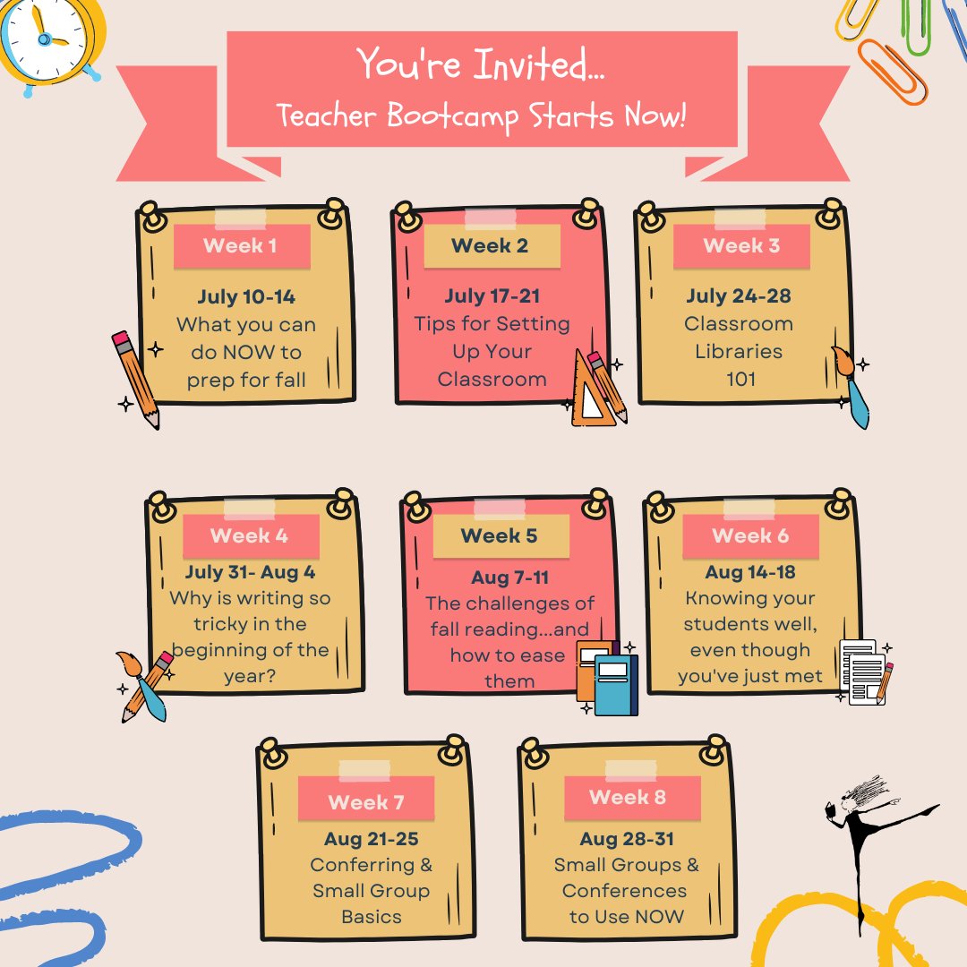 You're Invited... Over the next 8 weeks, we will be sharing tips & tricks to help you hit the ground running in the fall. Check out our Teacher Bootcamp Schedule to see the topics we'll be covering. You won't want to miss this! #tcrwp