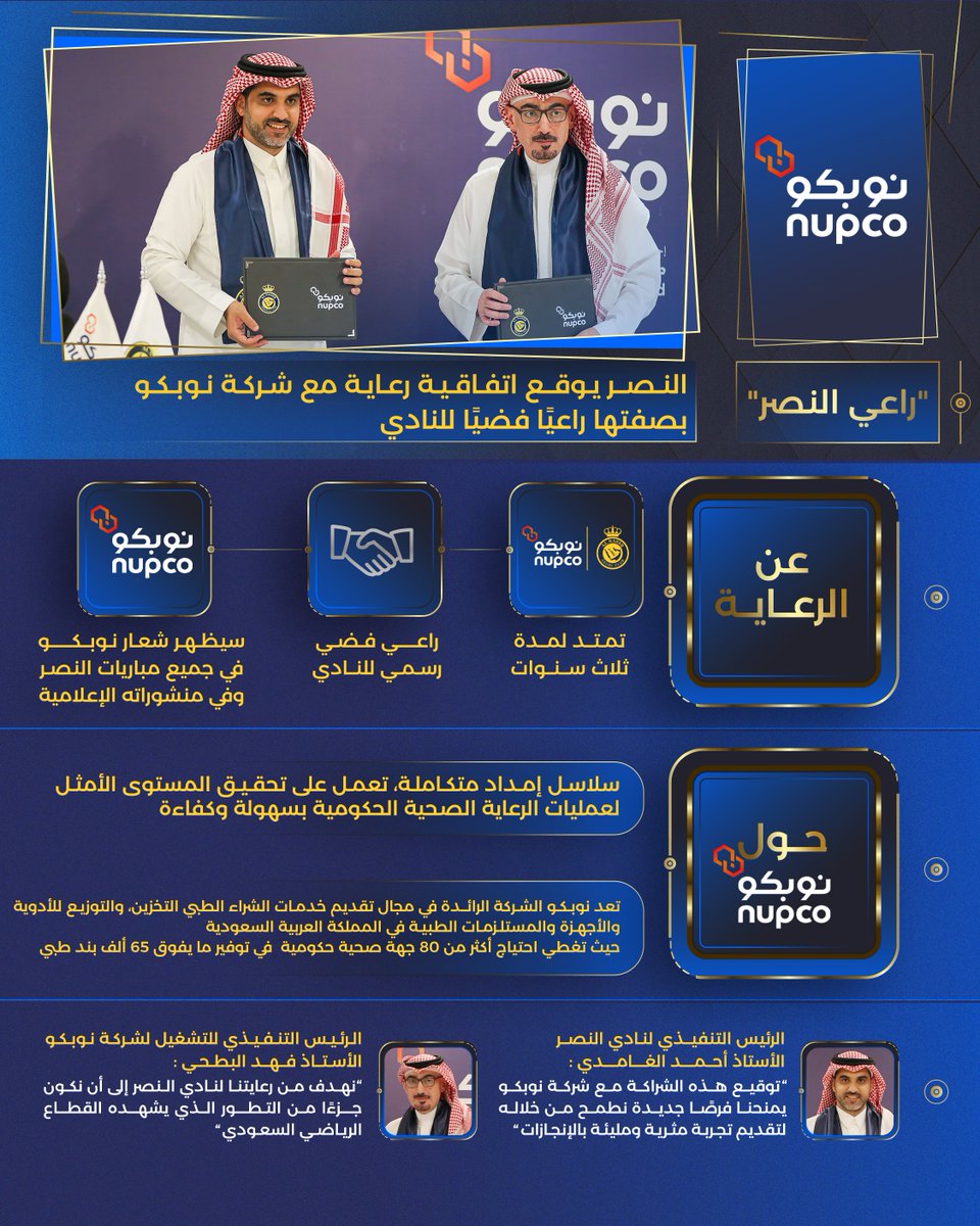 AlNassrFC's tweet photo. نوبكو راعيًا فضيًا لنادي #النصر 💛
أهـلًا بكم @nupco 🤩 https://t.co/gcNr1zDdvv