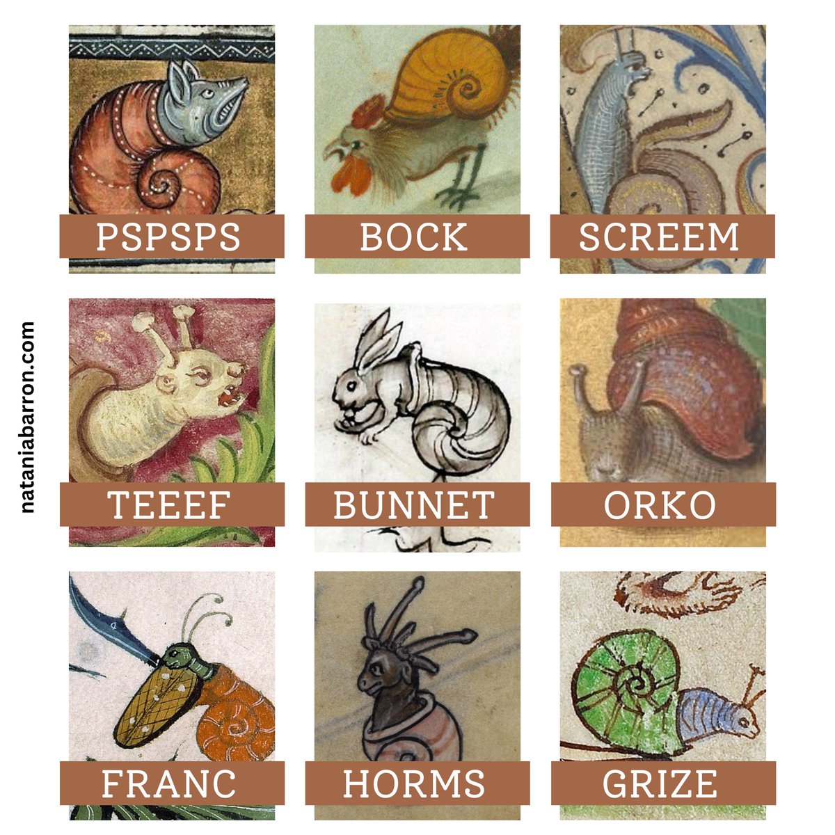 NataniaBarron's tweet image. Which medieval snail are you today? Tag yourself (or your friends)