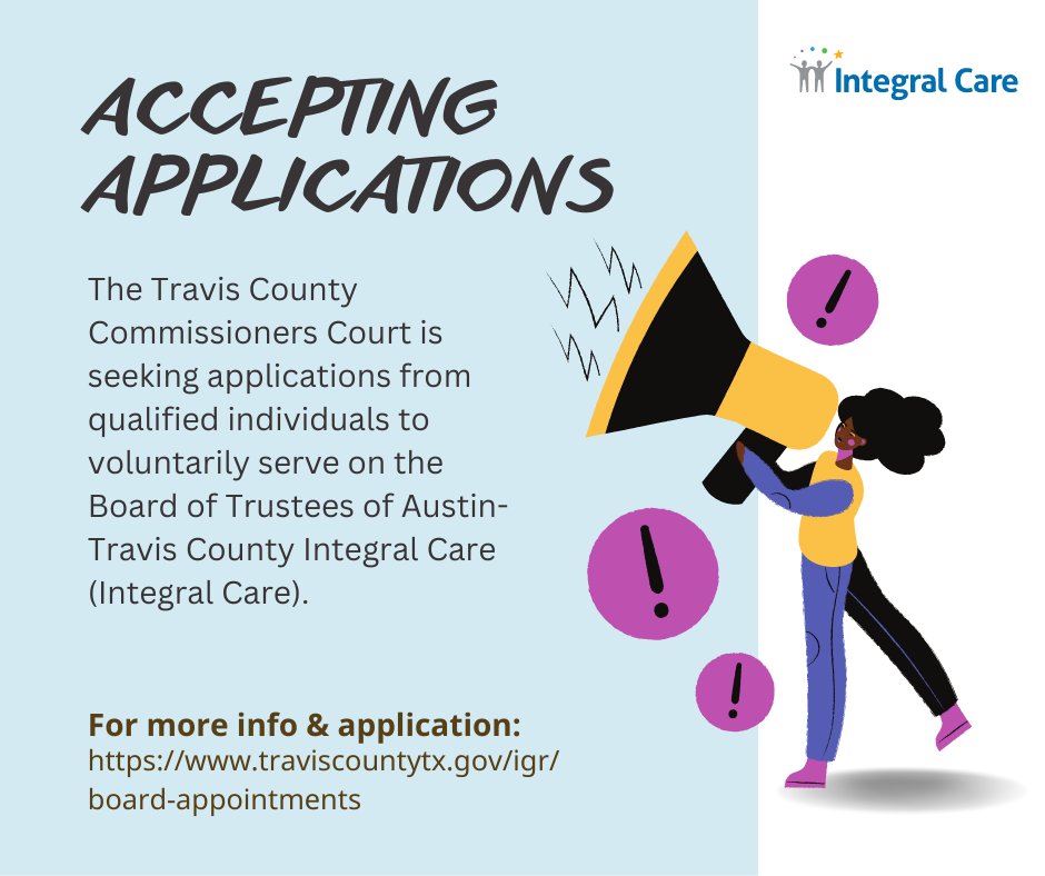 TravCo_IGR's tweet photo. @TravisCountyTX is looking for individuals to represent the interests of the County, as well as supply exceptional vision, business and administrative skills and commitment on @IntegralCareATX Board 

✍️For more info + an application, please visit: https://t.co/DnaOsKv05P https://t.co/v5j9vLfow4