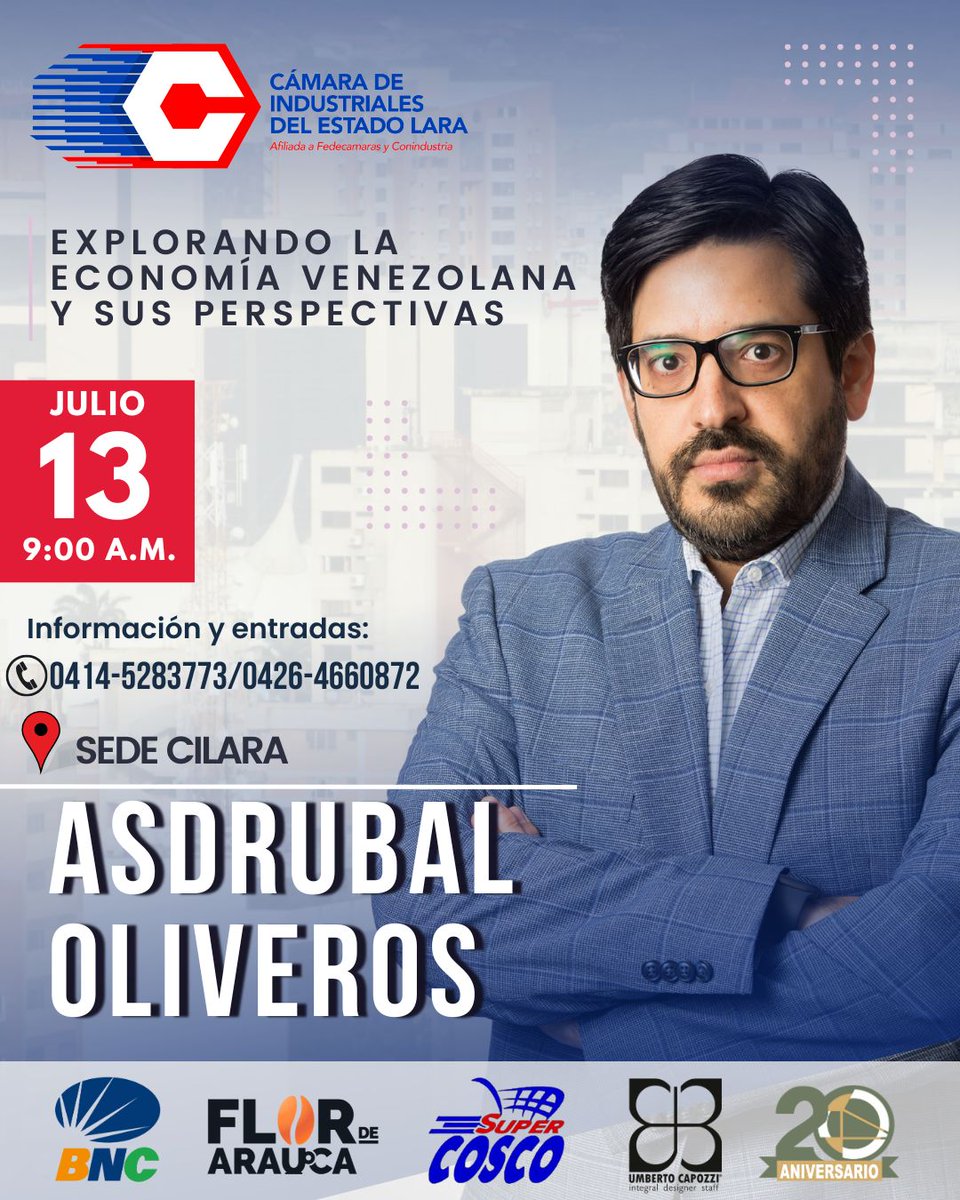 Asdrubal Oliveros estará en CILARA este próximo 13 de Julio (Jueves) con su conferencia "Explorando la economía venezolana y sus perspectivas"  Entradas al 0414-5283773 Costo: 70$ para no agremiados Afiliados comunicarse con CILARA