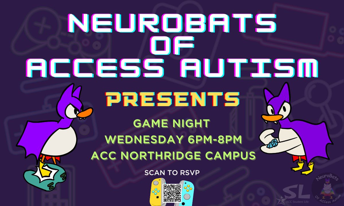 The NeuroBats of ACCess Autism are hosting a game night!

Join us this Wednesday, July 12th, for our weekly club meeting at Austin Community College! /1