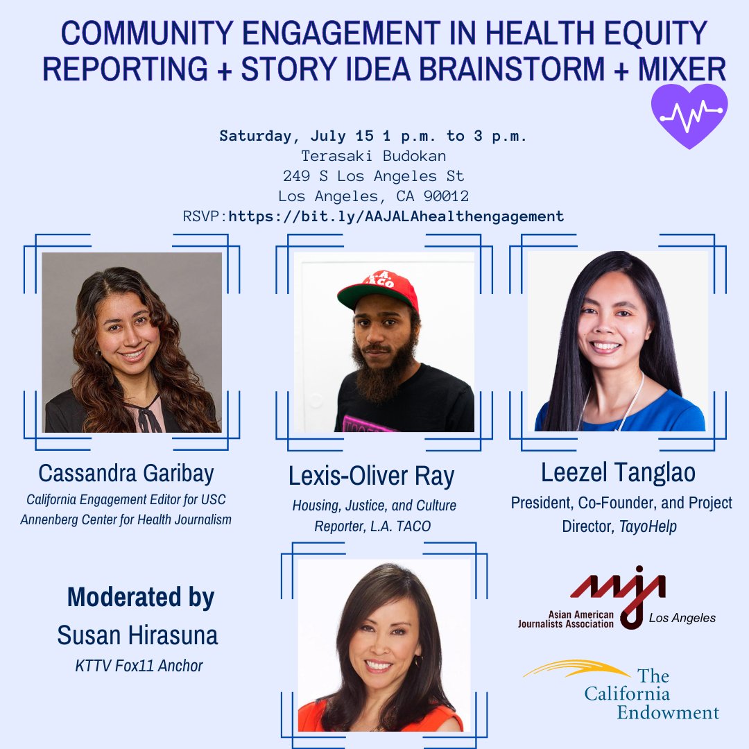 Join us on Saturday, July 15, for our next health equity reporting event — this time focused on community engagement. We'll have a panel discussion, community engagement exercise and a mixer. RSVP here --> bit.ly/AAJALAhealthen…