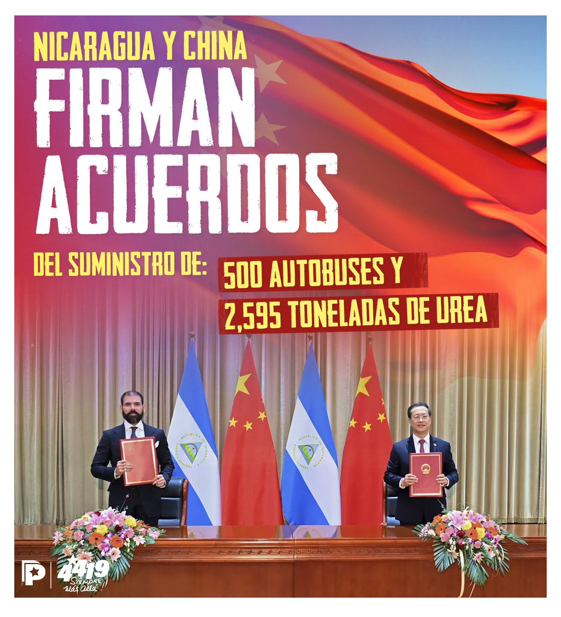 #Avance| #Nicaragua 🇳🇮 y #China 🇨🇳 firman 2️⃣ importantes proyectos de cooperación, siendo estos la entrega de 500 autobuses 🚌 y 2,595 toneladas métricas de urea para la producción nacional. 📜✍🏻

Se agradece la cooperación solidaria, mutuamente beneficiosa y no condicionada