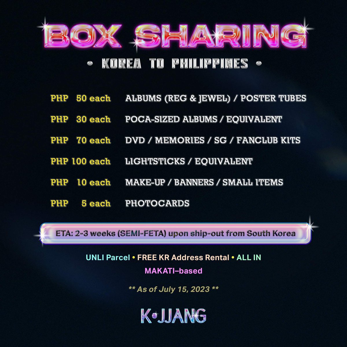 _KJJANG's tweet photo. KR BOX SHARING

💠Php 50 each

INCLUDES: 
✅SEMI-FETA (2-3 weeks)
✅Free Photo Updates of your items
✅Free KR Address Rental &amp; Consol Fee
✅UNLI PARCEL
✅MAKATI BASED 

DM us to inquire
lf #kraddress #boxsharing #krboxsharing #kraddressrental #krwarehouse #dropship https://t.co/eIPKy9ALcl