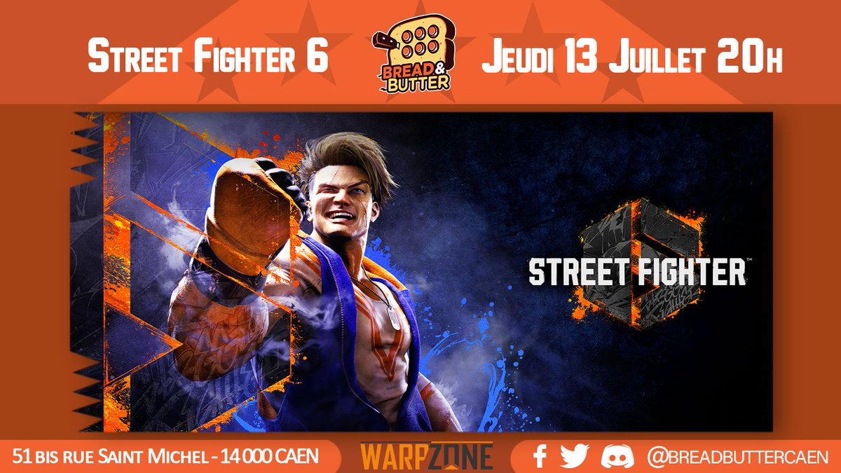 BreadButterCaen's tweet photo. Ce jeudi 13 juillet, nous organisons un tournoi #StreetFighter6 au @WpZCaen ! L'occasion pour vous de venir nous montrer vos skills avant l'EVO, et la sortie de Rashid 🌪️

Hâte de vous voir nombreux, pain et beurre sur vous 🍞❤️ https://t.co/zSyyRwHKfd