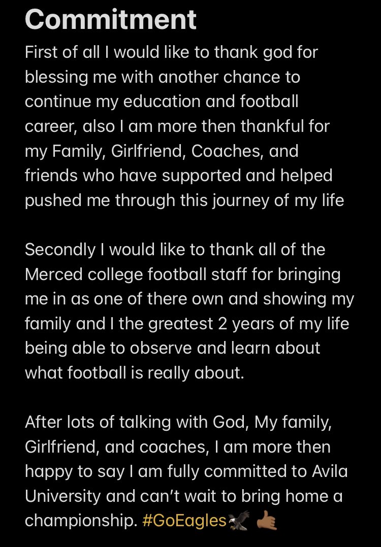 110% Committed, None of this would have been possible without the man above and the support from everyone I love. I can’t wait to get to work at Avila. #GoEagles🦅 
<a href="/tyallen5050/">Ty Allen 👶🏾🍫🍫😤🦍</a> <a href="/CoachPinasco/">Coach Pinasco</a> <a href="/CoachBorba/">Frank Borba</a> <a href="/nickrae/">Nick</a> <a href="/mmathis5757/">Martin Dean Mathis</a> <a href="/CoachBeachner/">Bret Beachner</a> <a href="/AvilaFootball/">Avila University Football</a> <a href="/CoachRuiz7/">Cimmaron ruiz</a>