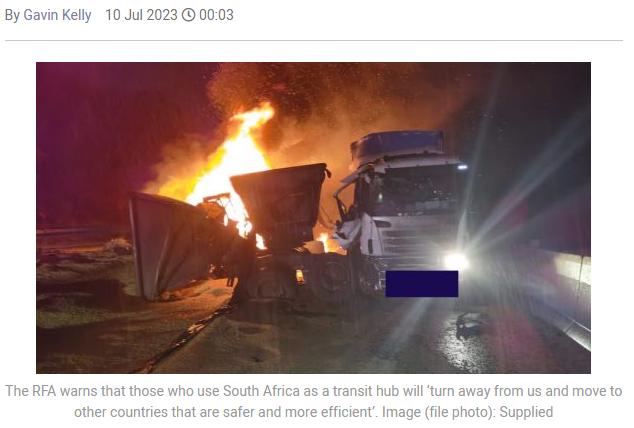 soks64's tweet photo. Road Freight Association has lost all confidence in SAPS. this comes after a spate of attacks on their trucks on KZN, MP &amp; LP roads where +14 trucks were torched. CEO Gavin Kelly says they're yet to see the arrests and convictions of 2021 &amp; 2022 perpetrators with no hope @ all. https://t.co/LxjJIhA0Ax