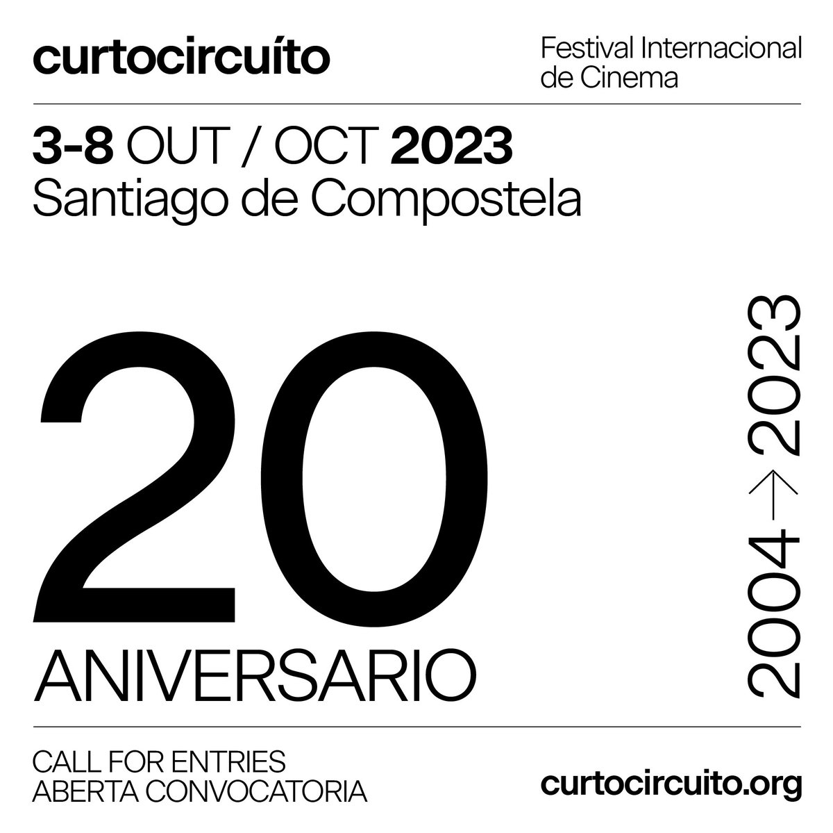 ▫️ 3-8 OUT 2023 ▫️
#Curtocircuíto2023 xa ten datas!
Cumprimos 20 anos!
Vémonos!

[EN]
#Curtocircuíto2023 dates out now!
20th anniversary!
Save the date!

~~
Un festival de <a href="/CCultura/">Compostela Cultura</a> 
Apoiado por <a href="/DACCultura/">Cultura Depu. Coruña</a> + <a href="/CulturaXunta/">Cultura de Galicia</a> + <a href="/CineICAA/">ICAA</a>